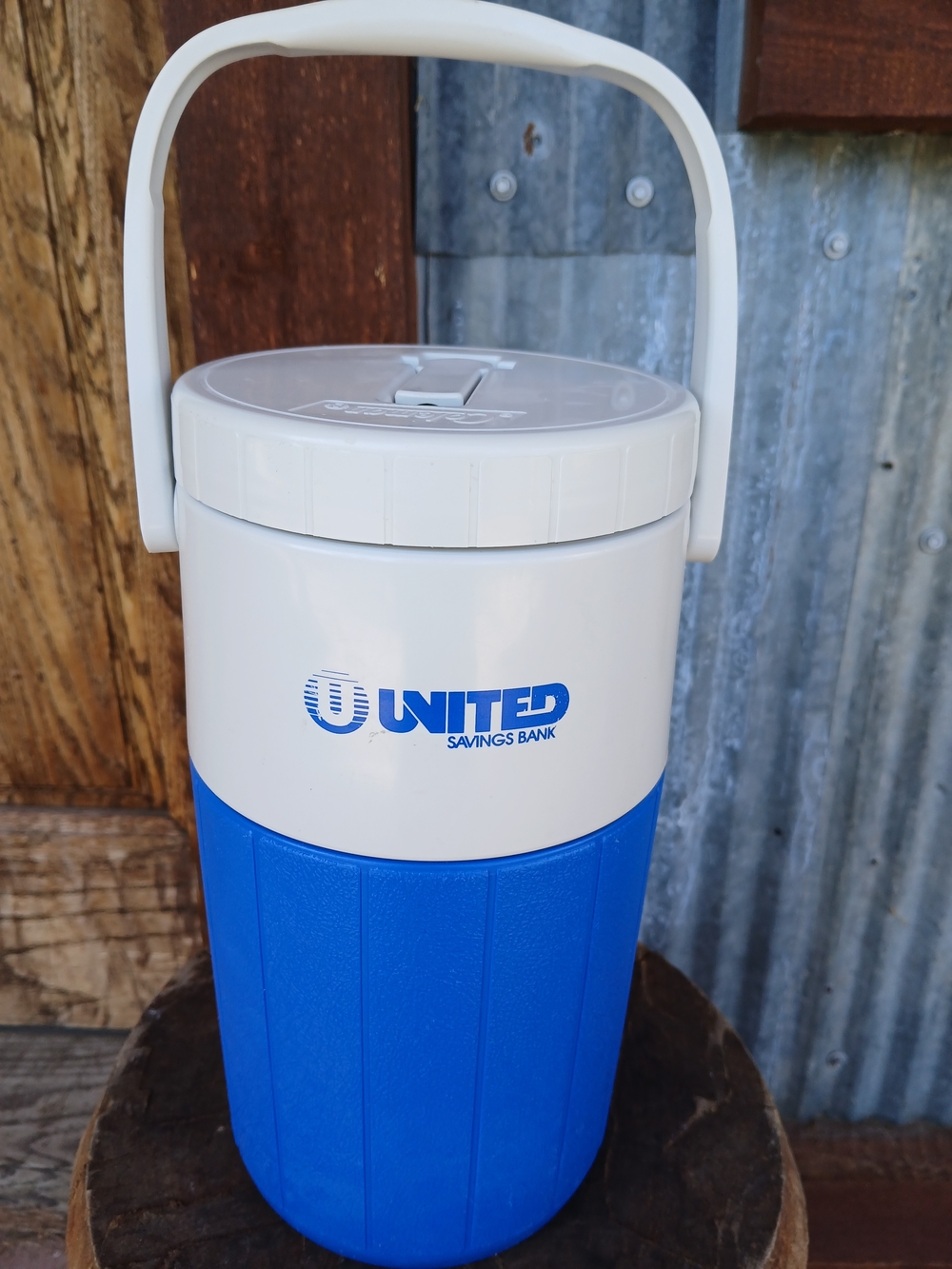 Vintage Coleman United Savings Bank Blue & White Insulated Cooler Jug